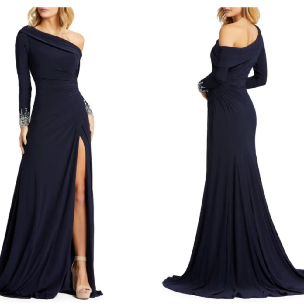 Mac Duggal One-Shoulder Long Sleeve /Jeweled cuffs Jersey Gown ,SZ 4,new